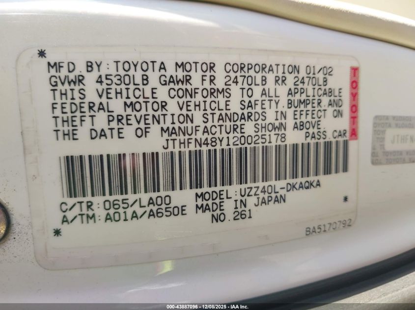 2002 Lexus Sc 430 VIN: JTHFN48Y120025178 Lot: 43887096