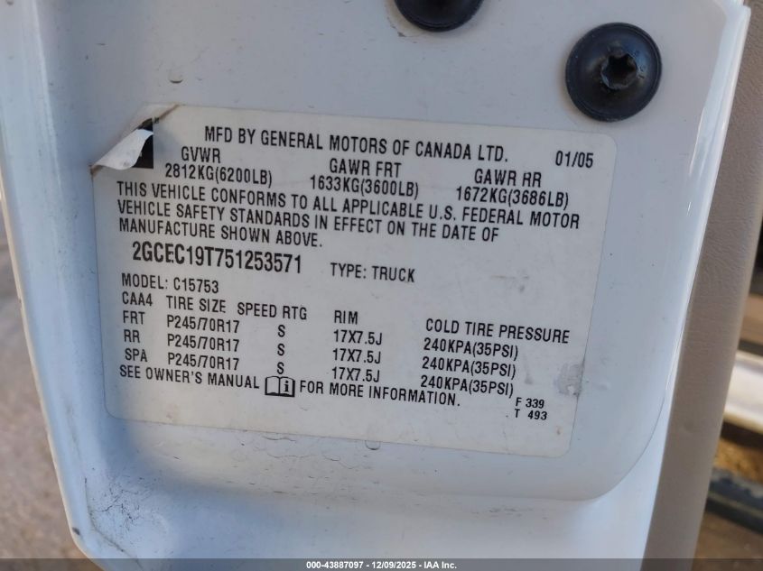 2005 Chevrolet Silverado 1500 Ls VIN: 2GCEC19T751253571 Lot: 43887097