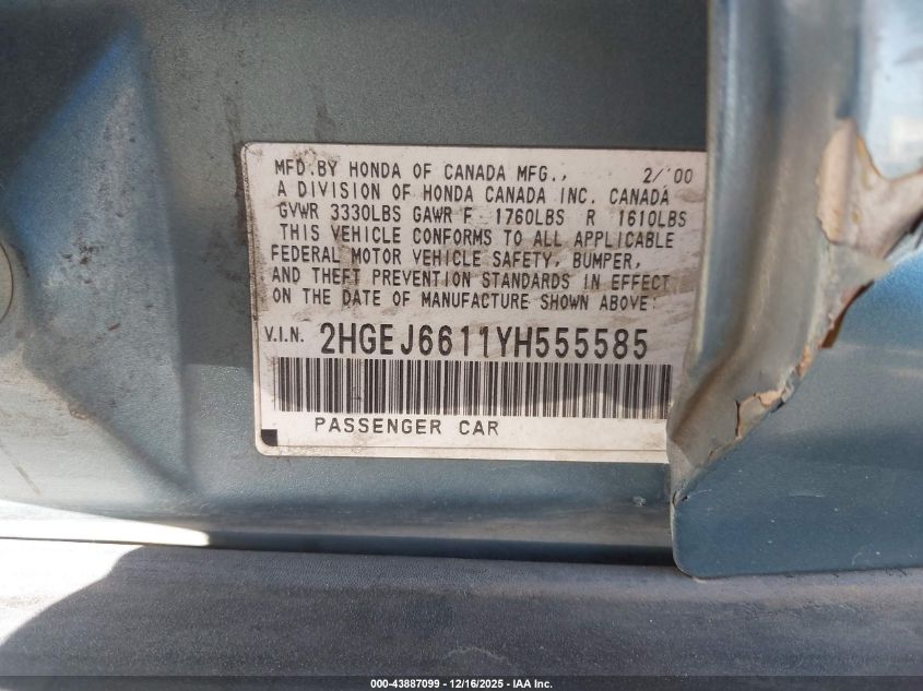 2000 Honda Civic Value Package VIN: 2HGEJ6611YH555585 Lot: 43887099