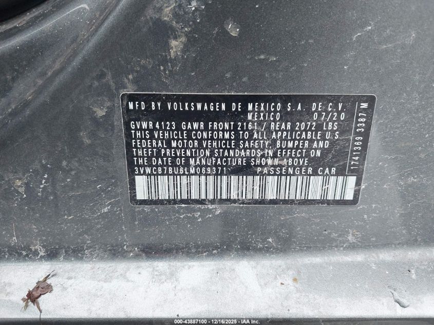 2020 Volkswagen Jetta 1.4T R-Line/1.4T S/1.4T Se VIN: 3VWCB7BU6LM069371 Lot: 43887100