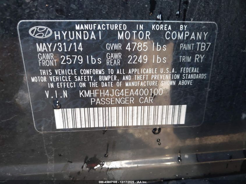 2014 Hyundai Azera Limited VIN: KMHFH4JG4EA400100 Lot: 43887105