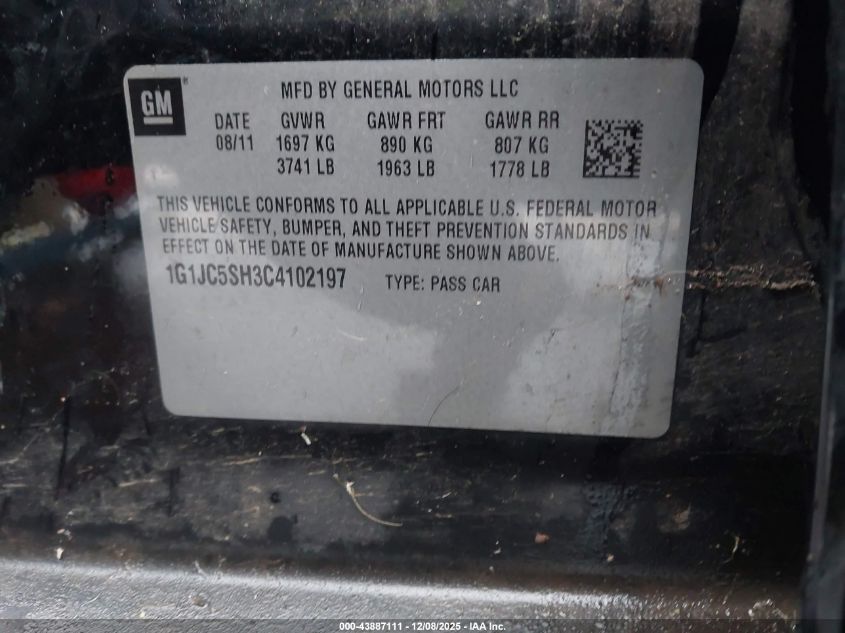 2012 Chevrolet Sonic 2Lt VIN: 1G1JC5SH3C4102197 Lot: 43887111