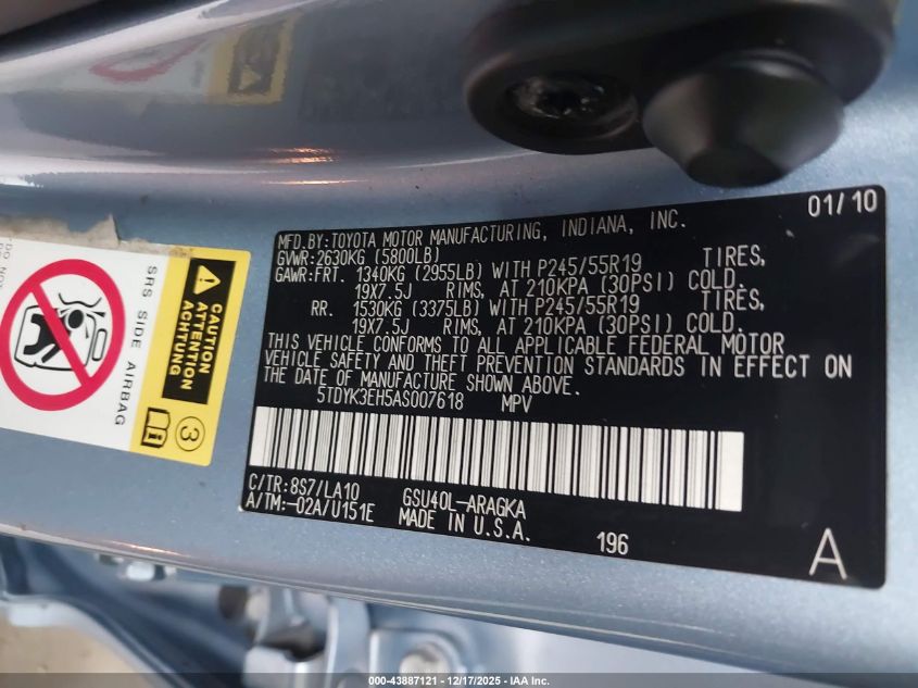 2010 Toyota Highlander Limited V6 VIN: 5TDYK3EH5AS007618 Lot: 43887121