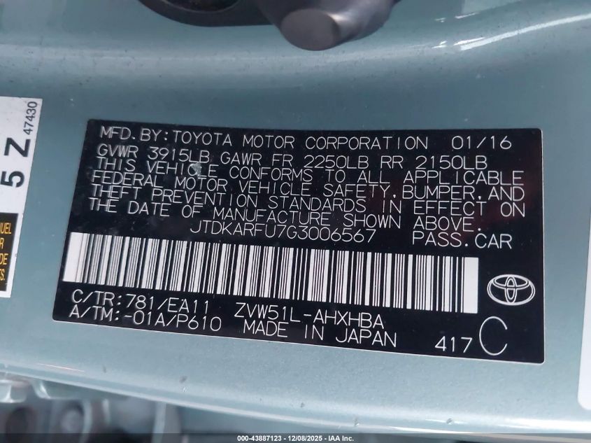 2016 Toyota Prius Three Touring VIN: JTDKARFU7G3006567 Lot: 43887123