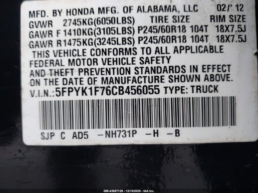 2012 Honda Ridgeline Sport VIN: 5FPYK1F76CB456055 Lot: 43887126