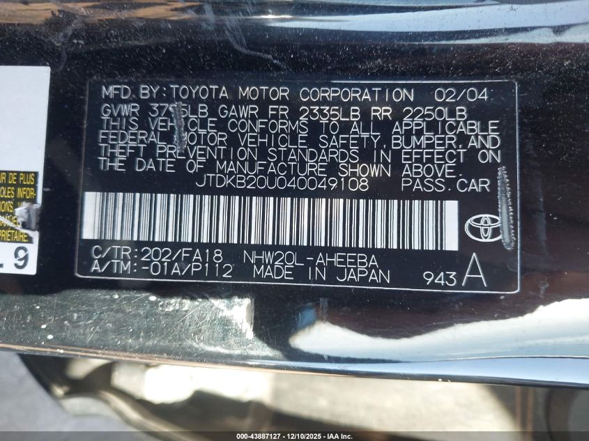 2004 Toyota Prius VIN: JTDKB20U040049108 Lot: 43887127