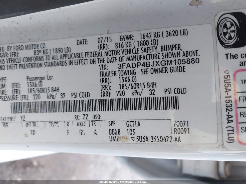 2016 Ford Fiesta Se VIN: 3FADP4BJXGM105880 Lot: 43887129