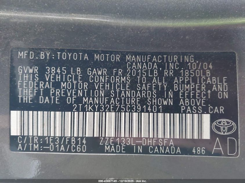 2005 Toyota Matrix Xrs VIN: 2T1KY32E75C391401 Lot: 43887149