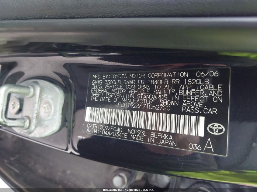 2007 Toyota Yaris VIN: JTDBT923671052720 Lot: 43887153