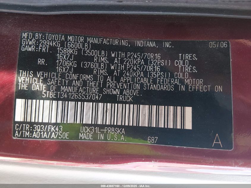 2006 Toyota Tundra Sr5 V8 VIN: 5TBET34126S537047 Lot: 43887160