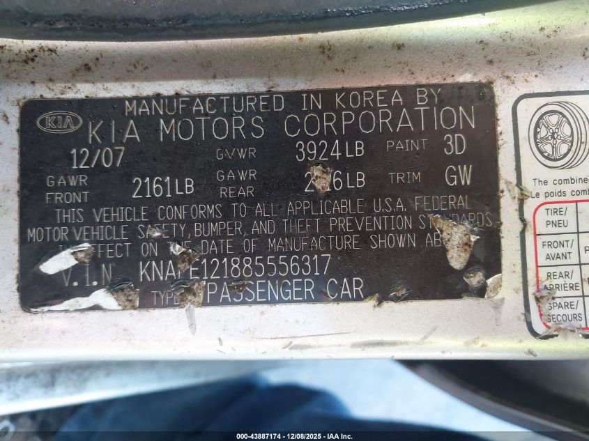 2008 Kia Spectra Ex VIN: KNAFE121885556317 Lot: 43887174