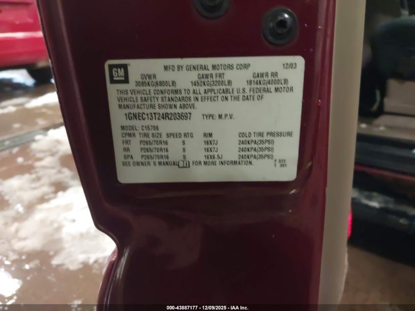 2004 Chevrolet Tahoe Lt VIN: 1GNEC13T24R203697 Lot: 43887177