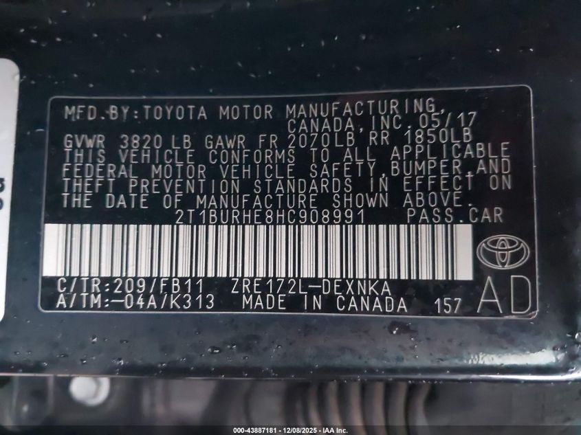 2017 Toyota Corolla Le VIN: 2T1BURHE8HC908991 Lot: 43887181