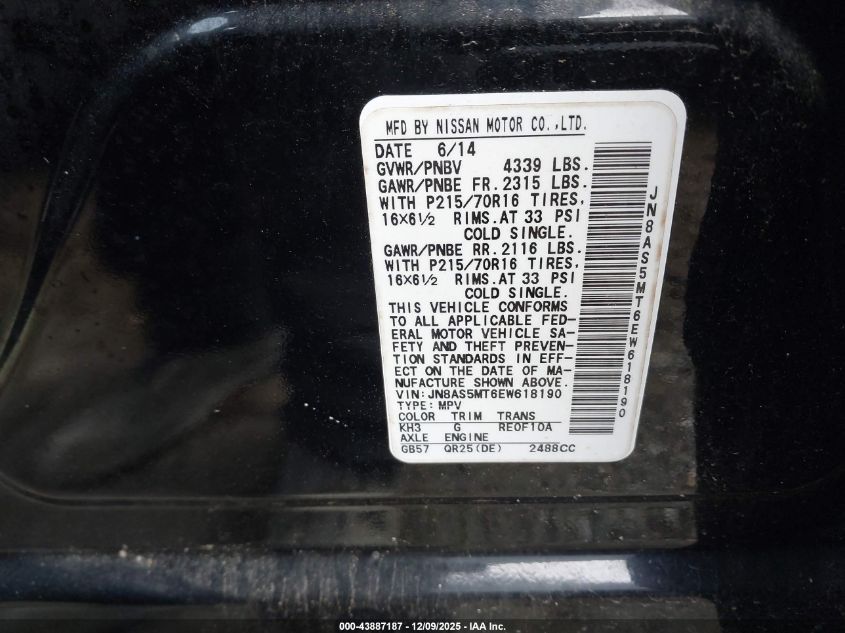 2014 Nissan Rogue Select S VIN: JN8AS5MT6EW618190 Lot: 43887187