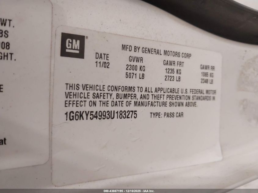 2003 Cadillac Seville Sts VIN: 1G6KY54993U183275 Lot: 43887195