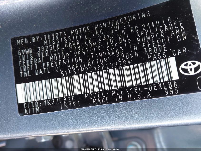 2025 Toyota Corolla Le VIN: 5YFB4MDE1SP239284 Lot: 43887197