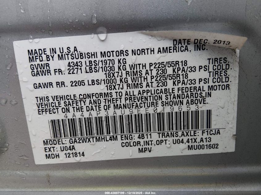 2014 Mitsubishi Outlander Sport Es VIN: 4A4AP3AU9EE019653 Lot: 43887199