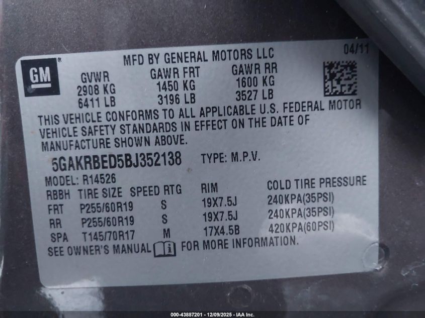 2011 Buick Enclave 1Xl VIN: 5GAKRBED5BJ352138 Lot: 43887201