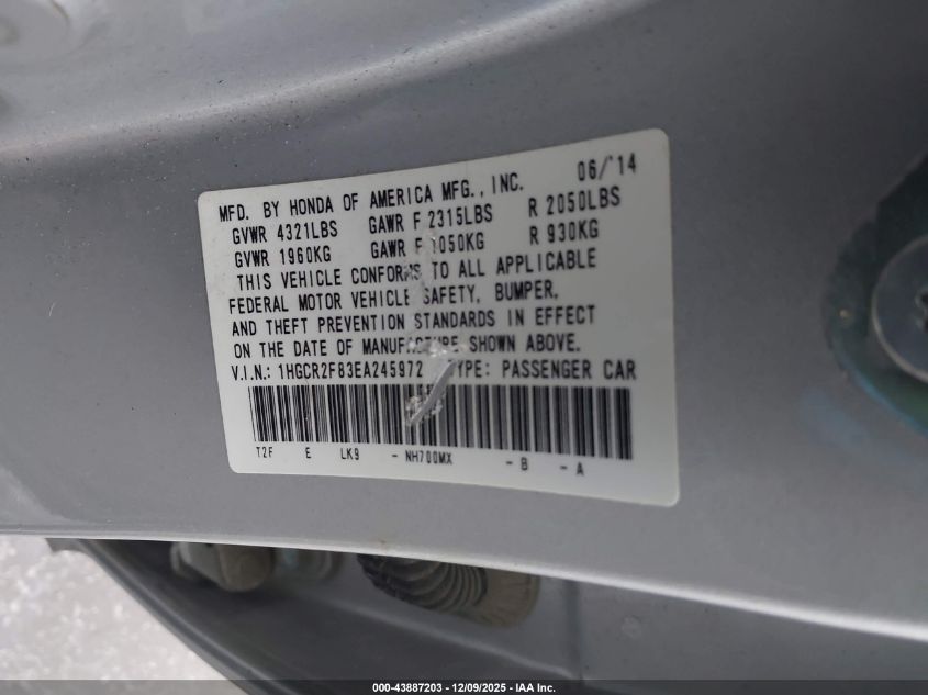 2014 Honda Accord Ex-L VIN: 1HGCR2F83EA245972 Lot: 43887203