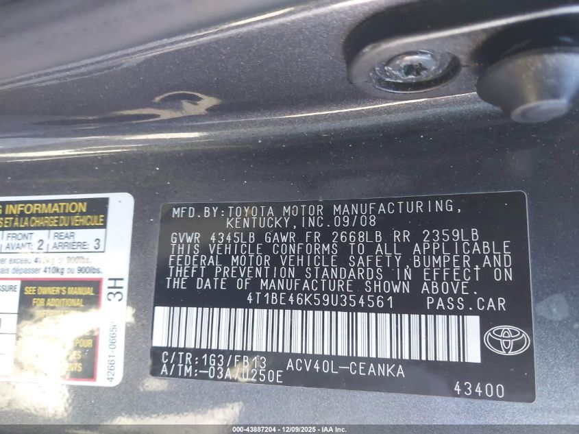 2009 Toyota Camry Le VIN: 4T1BE46K59U354561 Lot: 43887204