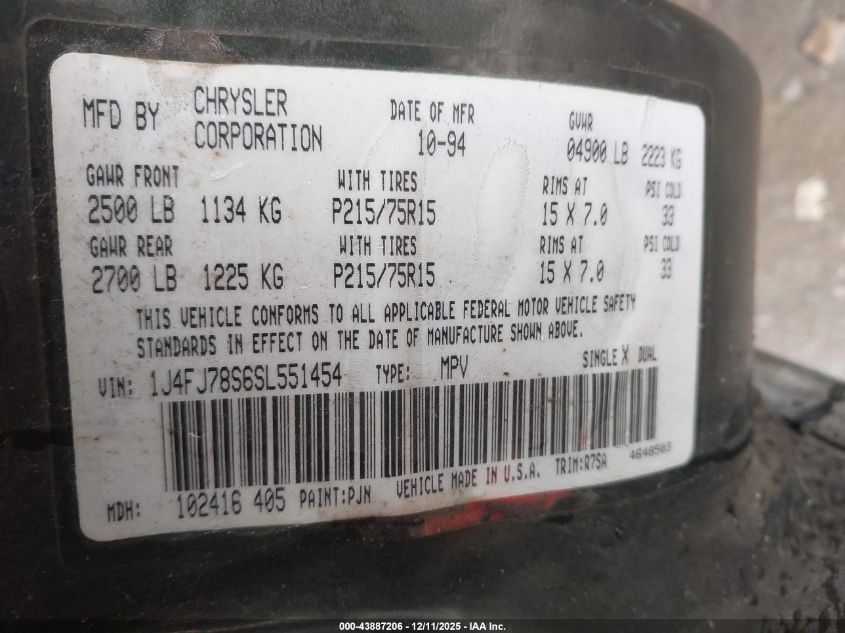 1995 Jeep Cherokee Country VIN: 1J4FJ78S6SL551454 Lot: 43887206