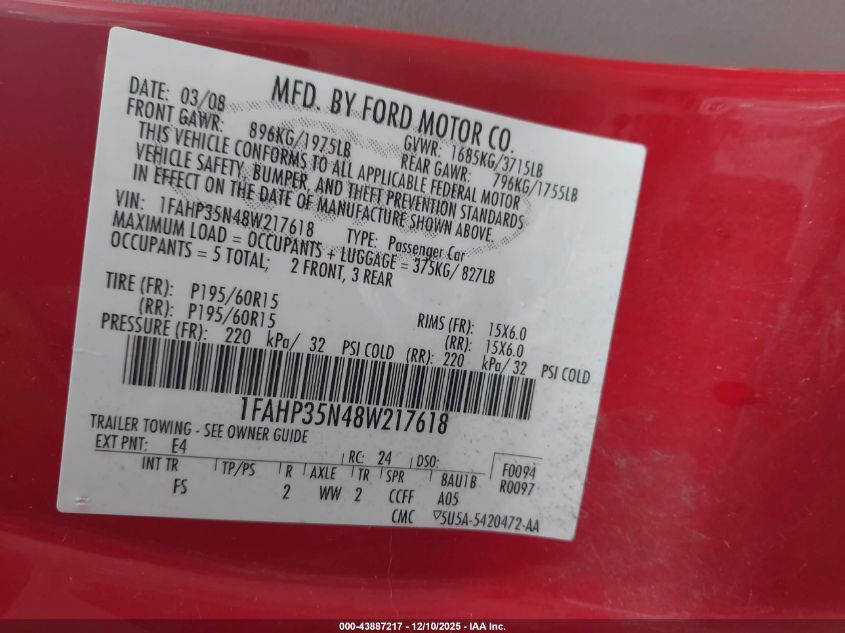 2008 Ford Focus Se/Ses VIN: 1FAHP35N48W217618 Lot: 43887217