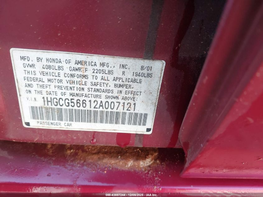 2002 Honda Accord 2.3 Ex VIN: 1HGCG56612A007121 Lot: 43887244