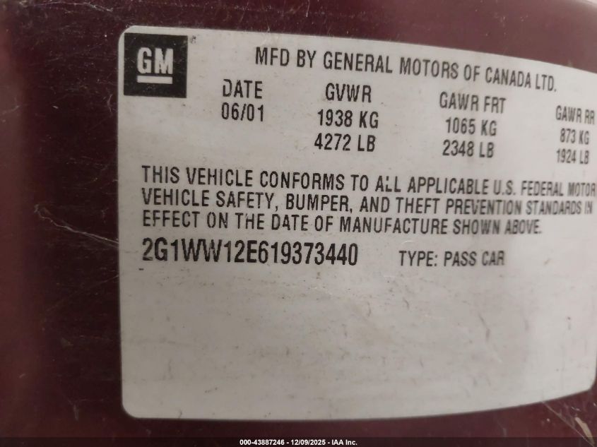 2001 Chevrolet Monte Carlo Ls VIN: 2G1WW12E619373440 Lot: 43887246