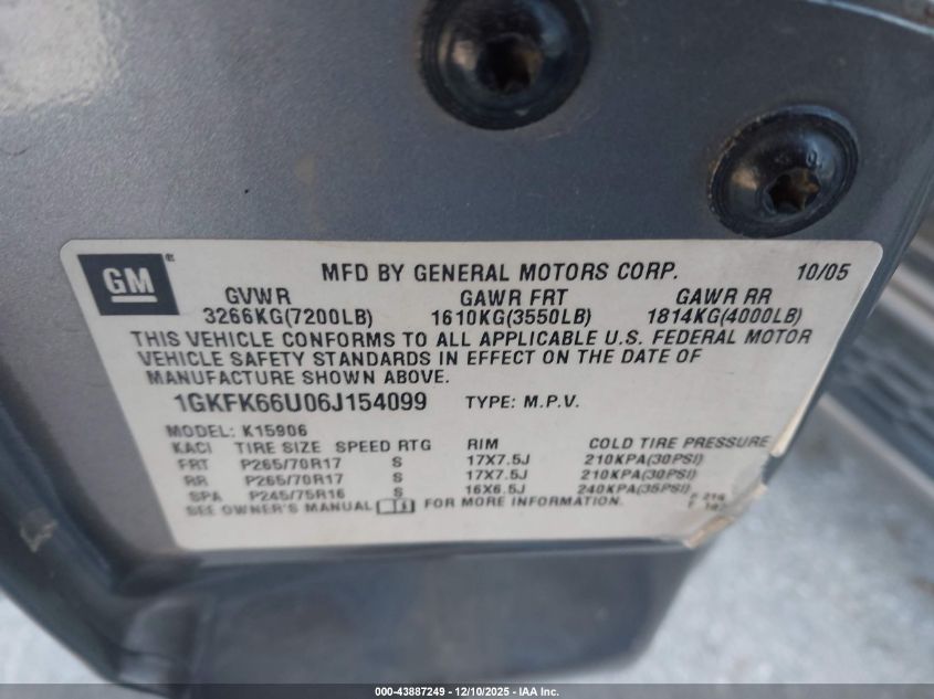 2006 GMC Yukon Xl 1500 Denali VIN: 1GKFK66U06J154099 Lot: 43887249