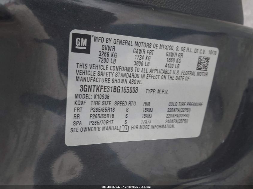 2011 Chevrolet Avalanche 1500 Lt1 VIN: 3GNTKFE31BG165008 Lot: 43887247