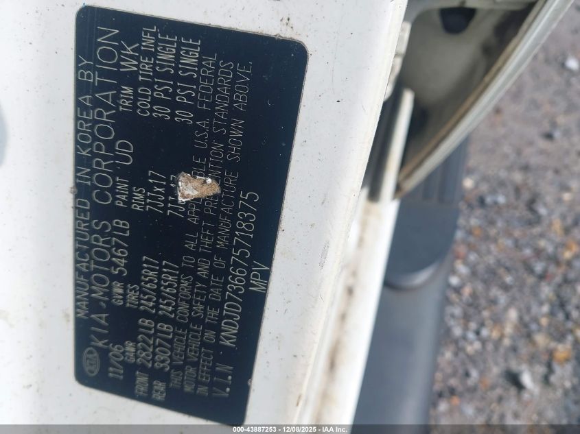 2007 Kia Sorento Lx VIN: KNDJD736675718375 Lot: 43887253