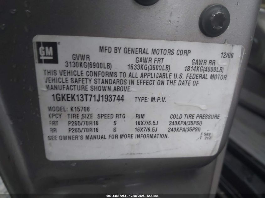 2001 GMC Yukon Slt VIN: 1GKEK13T71J193744 Lot: 43887254