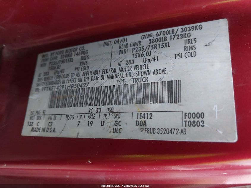 2001 Ford E-150 Commercial/Recreational VIN: 1FTRE14291HB50427 Lot: 43887255