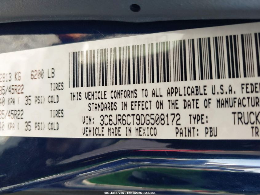 2013 Ram 1500 R/T VIN: 3C6JR6CT9DG508172 Lot: 43887256