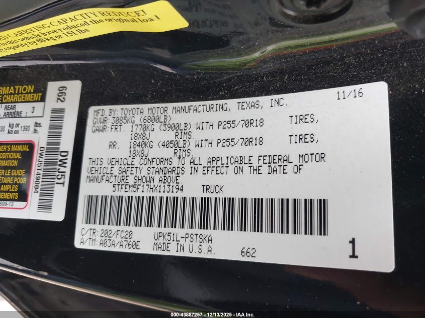 2017 Toyota Tundra Sr5 4.6L V8 VIN: 5TFEM5F17HX113194 Lot: 43887257