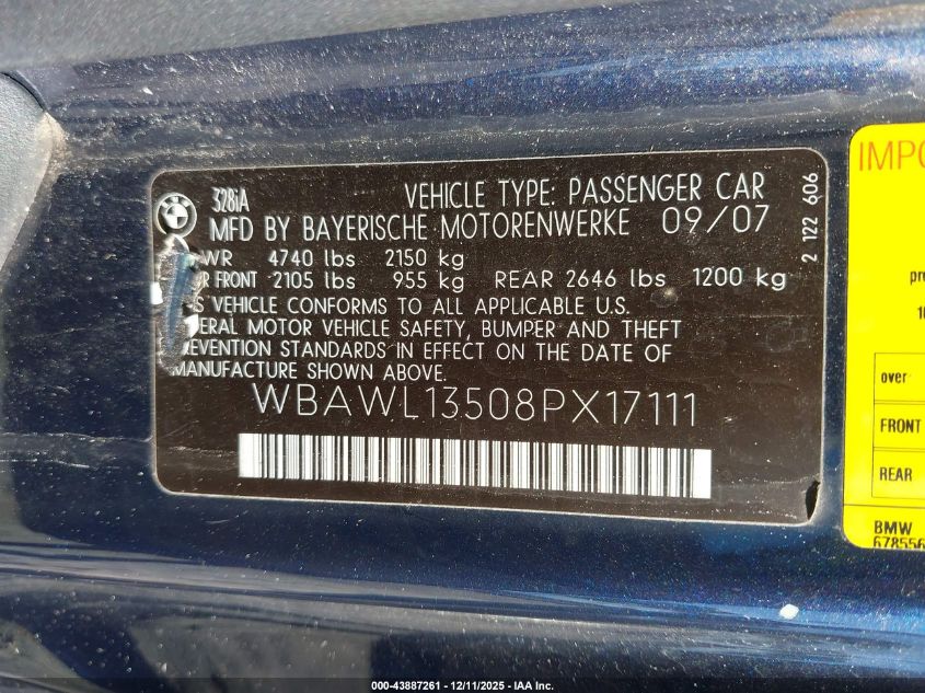 2008 BMW 328I VIN: WBAWL13508PX17111 Lot: 43887261