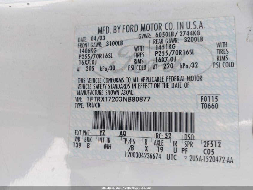2003 Ford F-150 Xl/Xlt VIN: 1FTRX17203NB80877 Lot: 43887263