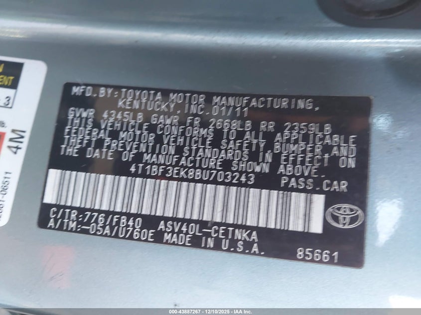 4T1BF3EK8BU703243 2011 TOYOTA CAMRY photo no. 6