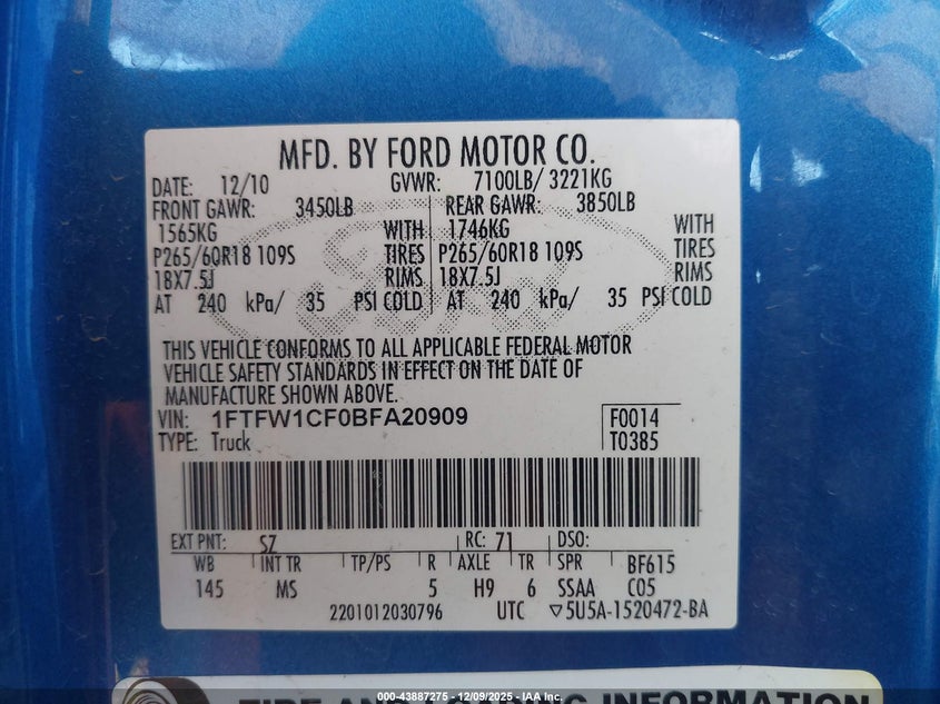 1FTFW1CF0BFA20909 2011 FORD F-150 photo no. 9