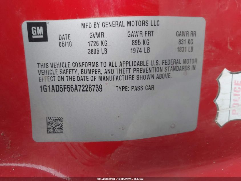 2010 Chevrolet Cobalt Lt VIN: 1G1AD5F56A7228739 Lot: 43887278