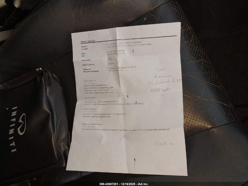 2006 Infiniti G35 VIN: JNKCV54E26M721289 Lot: 43887281