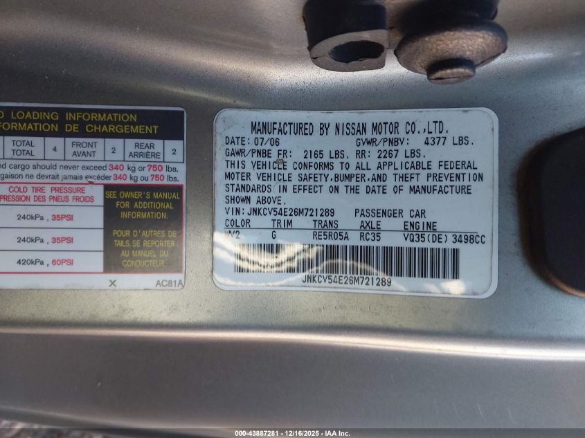 2006 Infiniti G35 VIN: JNKCV54E26M721289 Lot: 43887281