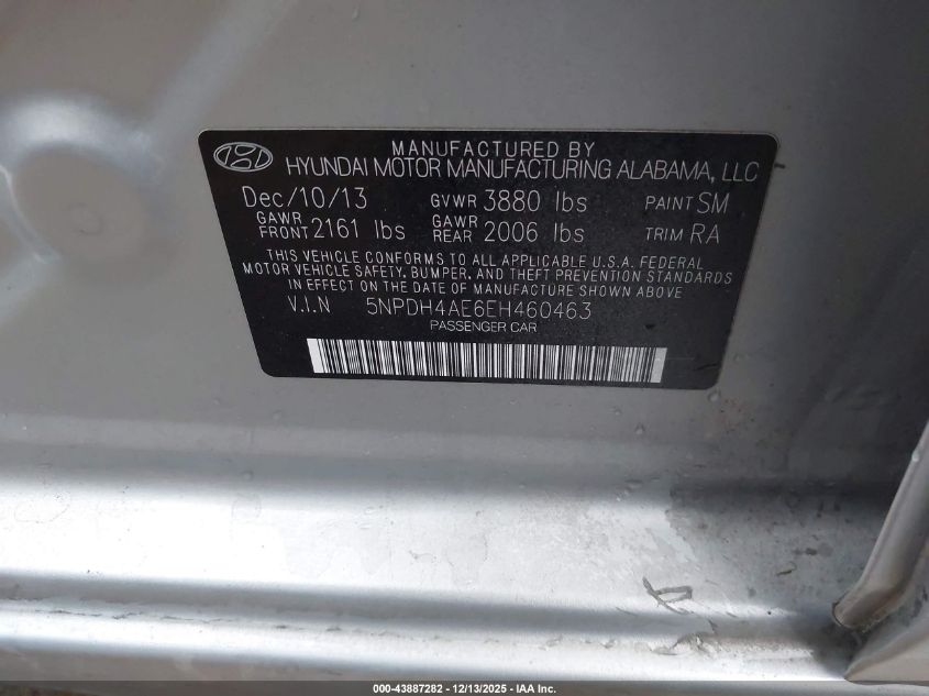 2014 Hyundai Elantra Se VIN: 5NPDH4AE6EH460463 Lot: 43887282