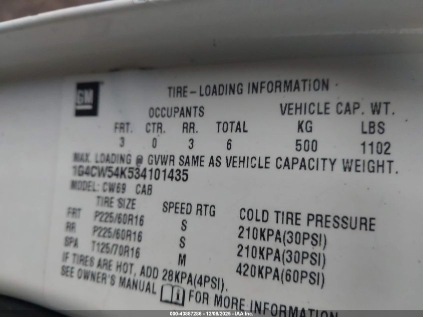 2003 Buick Park Avenue VIN: 1G4CW54K534101435 Lot: 43887286