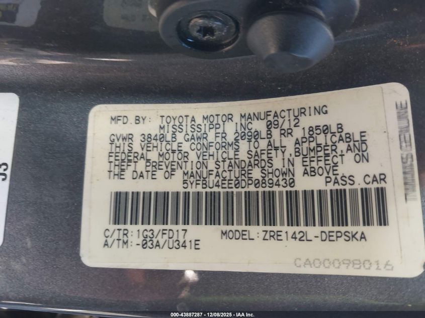 2013 Toyota Corolla S VIN: 5YFBU4EE0DP089430 Lot: 43887287