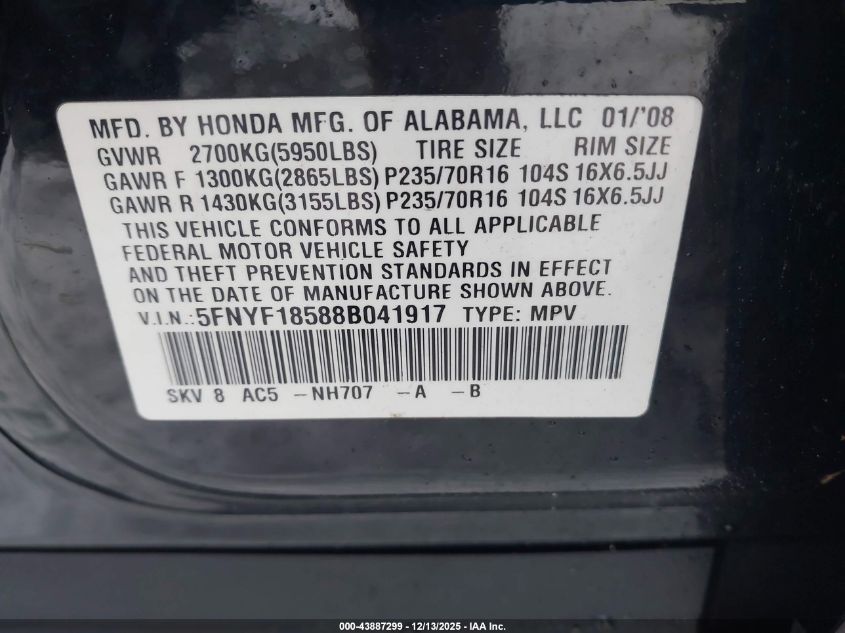 2008 Honda Pilot Ex-L VIN: 5FNYF18588B041917 Lot: 43887299