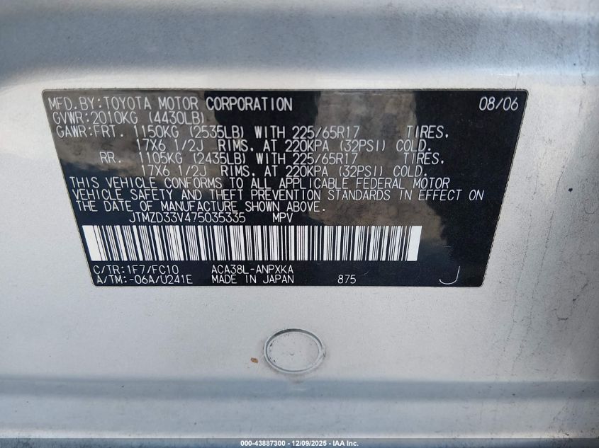 2007 Toyota Rav4 VIN: JTMZD33V475035335 Lot: 43887300
