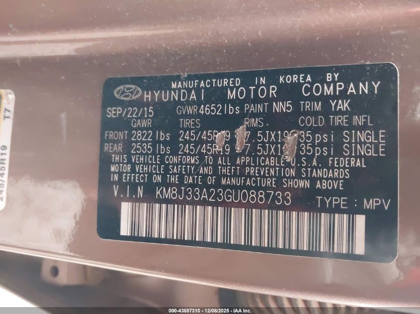 2016 Hyundai Tucson Sport VIN: KM8J33A23GU088733 Lot: 43887310