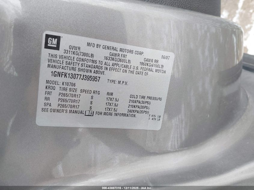 2007 Chevrolet Tahoe Lt VIN: 1GNFK13077J395957 Lot: 43887316