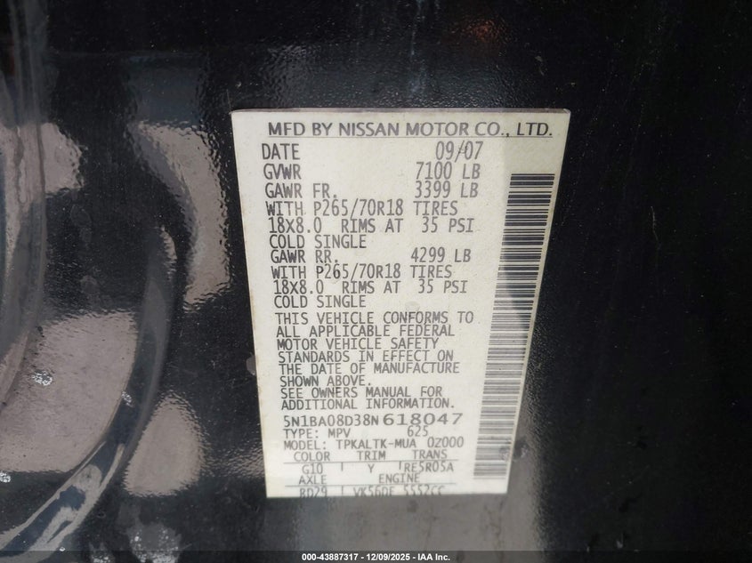 5N1BA08D38N618047 2008 NISSAN ARMADA photo no. 9